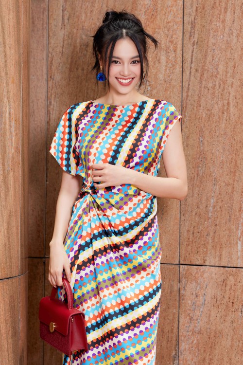 Sixdo Multicolor Polka Dot Midi Silk Dress